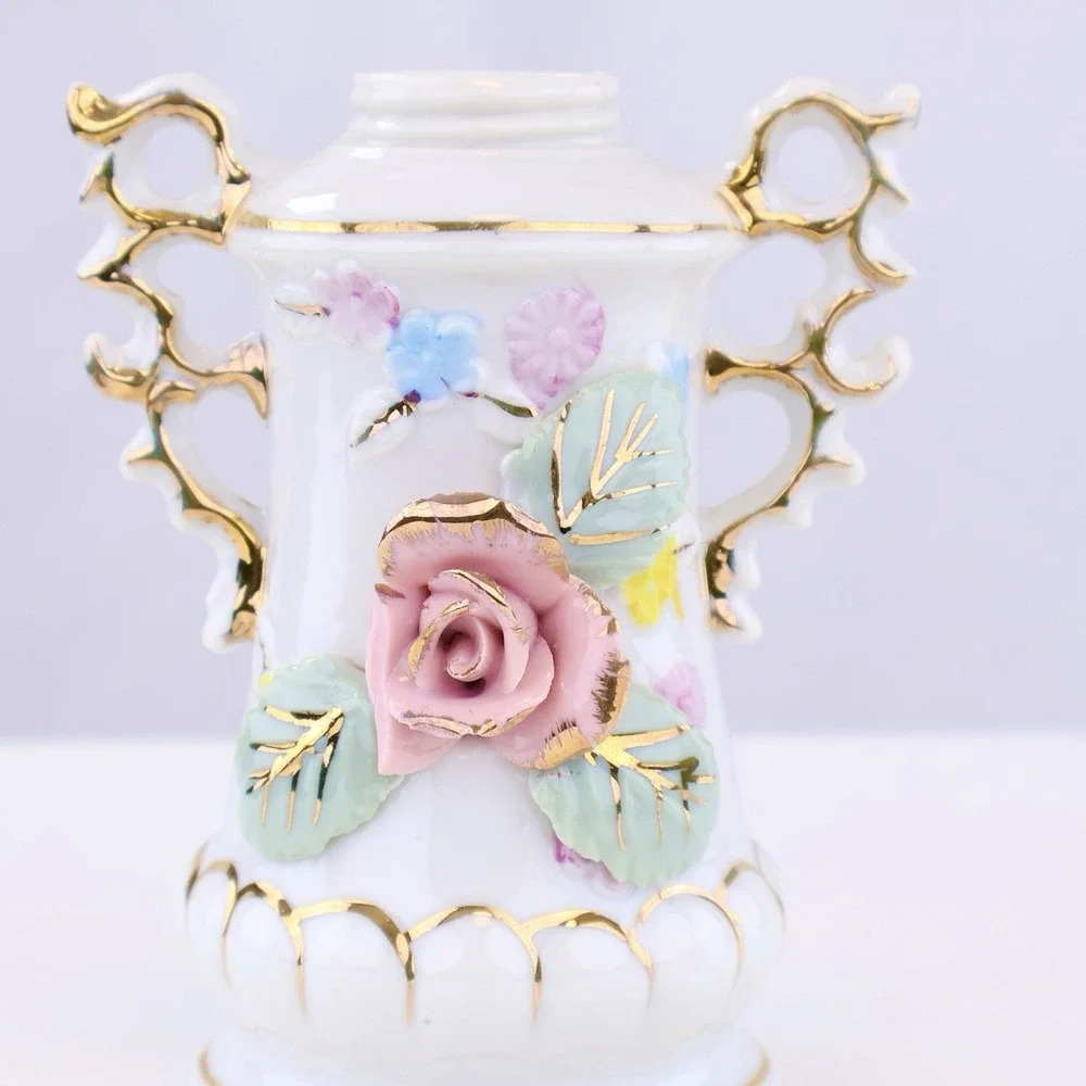 Vintage White Milk Glass Floral Vase Gold Gilt Pink Rose Double Handle 5
